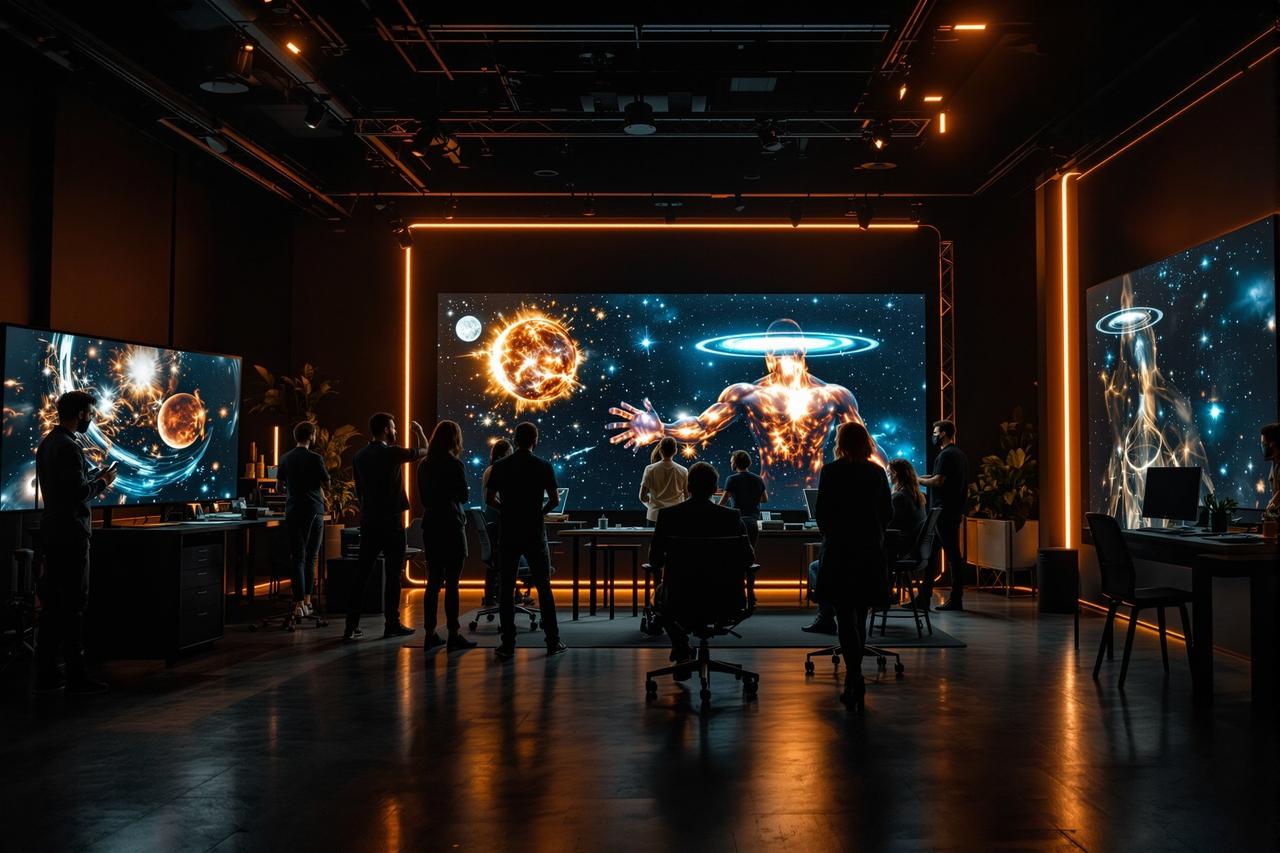 老湿影院科研团队在现代化暗色调工作室协作,大屏幕显示宇宙可视化画面